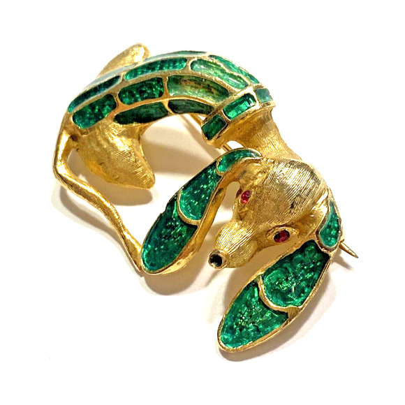 Vintage Goldtone Dog Brooch Green Enamel Finish Rhinestone Eyes Unique Puppy Pin - Picture 6 of 7